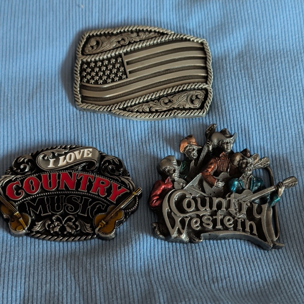 Made In USA Country Western Music Flag Pewter Belt Buckle Bundle